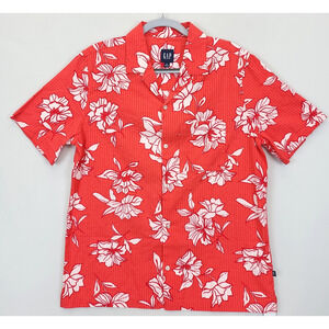 Gap Hawaiian Seersucker Button Up Shirt Floral Cotton Men M White Red Travel